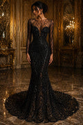 Luxurious Arch Design Lace - Black - Beaded Design with Embroidered Sequins and Beads On a Mesh Lace Fabric for Prom Dress By The Yard