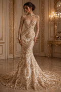 Luxembourg Designs Lace - Champagne - Beaded Design with Embroidered Sequins and Beads On a Mesh Lace Fabric for Prom Dress By The Yard