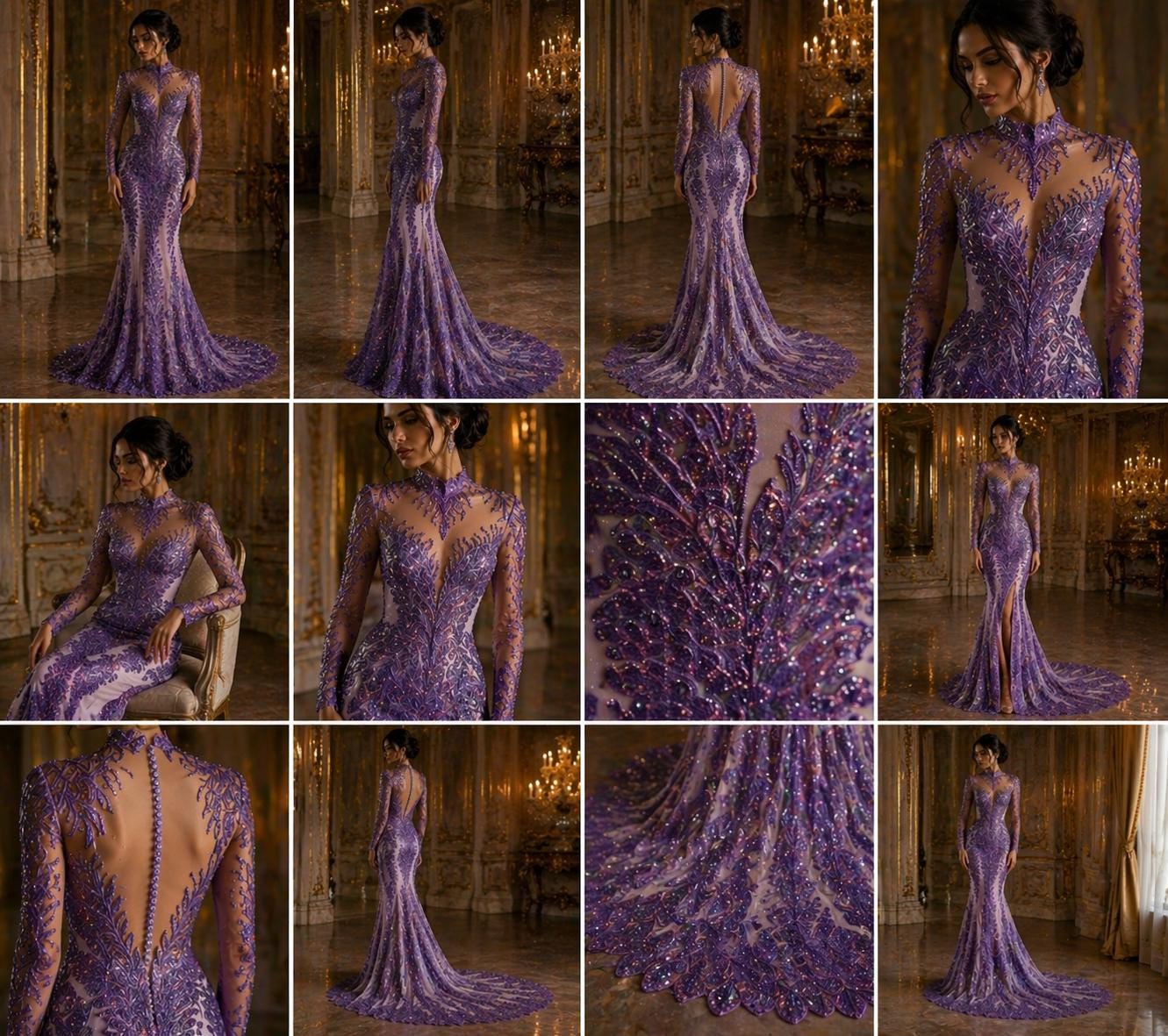 Luxurious Feather Designs Lace - Lavender - Beaded & Embroidered Sequins and Beads On Mesh Lace Fabric for Prom Dress. Sold By 3 Feathers