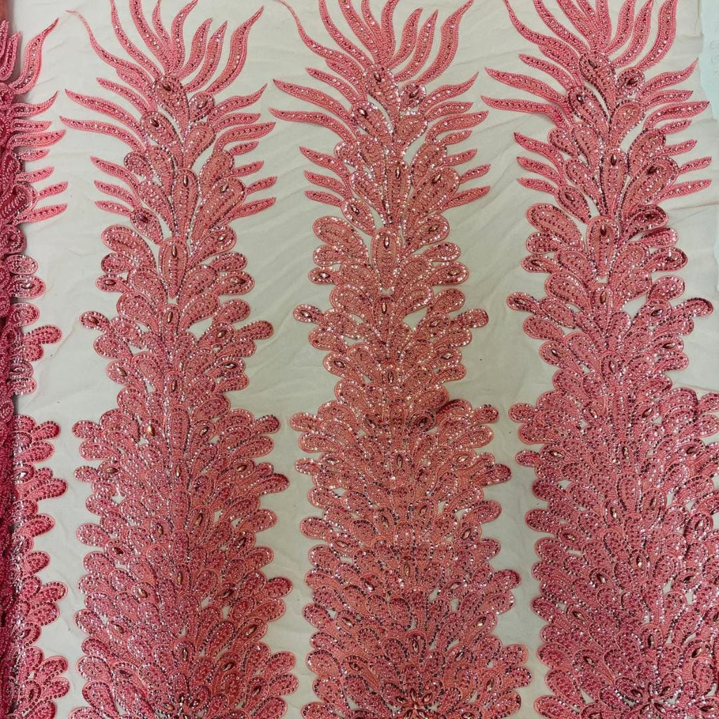 Luxurious Feather Designs Lace - DustyRose - Beaded & Embroidered Sequins and Beads On Mesh Lace Fabric for Prom Dress. Sold By 3 Feathers