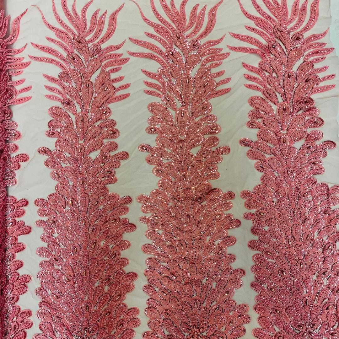 Luxurious Feather Designs Lace - DustyRose - Beaded & Embroidered Sequins and Beads On Mesh Lace Fabric for Prom Dress. Sold By 3 Feathers