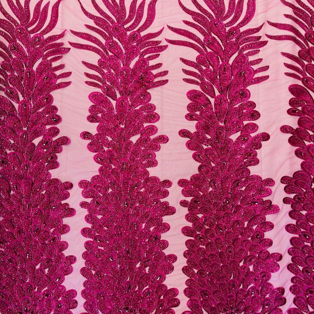 Luxurious Feather Designs Lace - Fuchsia - Beaded & Embroidered Sequins and Beads On Mesh Lace Fabric for Prom Dress. Sold By 3 Feathers