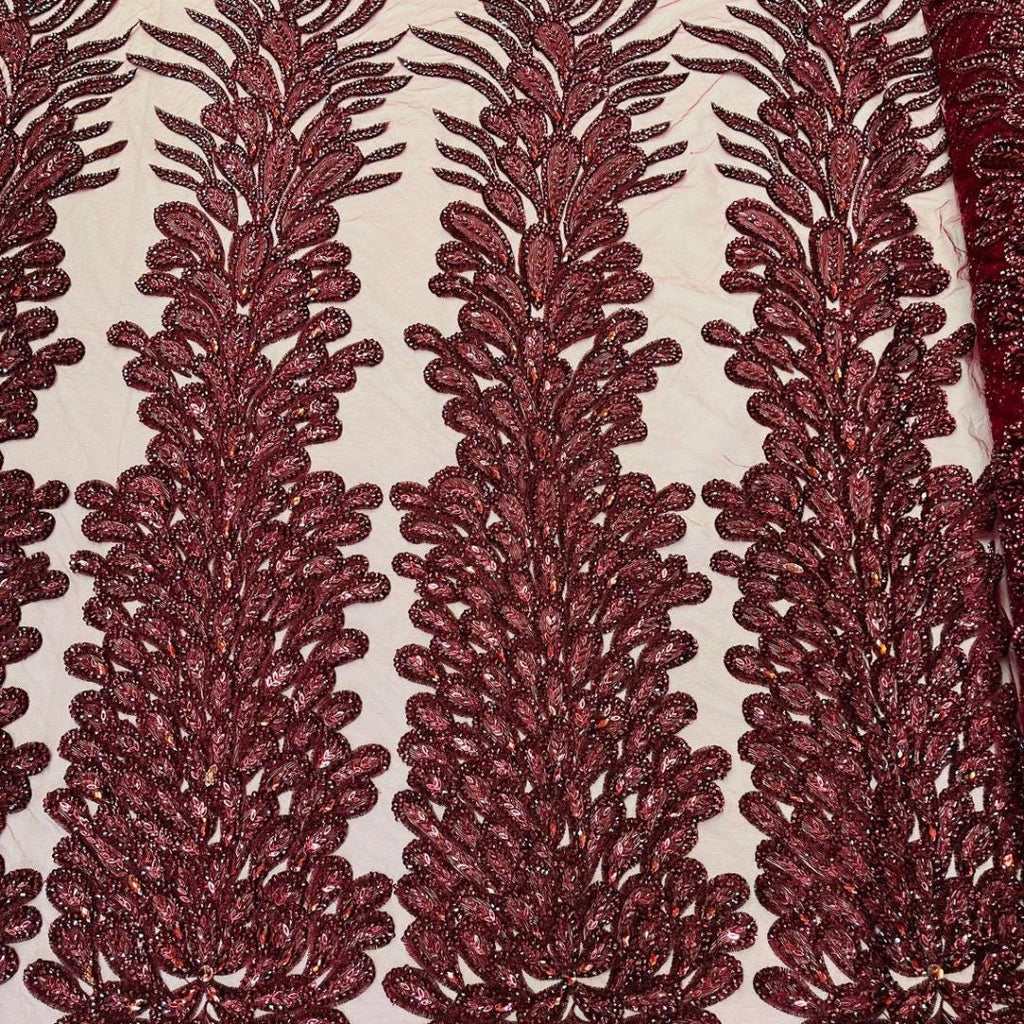 Luxurious Feather Designs Lace - Burgundy - Beaded & Embroidered Sequins and Beads On Mesh Lace Fabric for Prom Dress. Sold By 3 Feathers