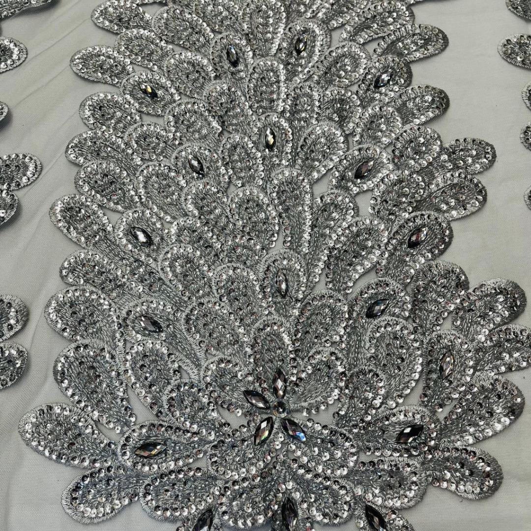 Luxurious Feather Designs Lace - Silver - Beaded & Embroidered Sequins and Beads On Mesh Lace Fabric for Prom Dress. Sold By 3 Feathers