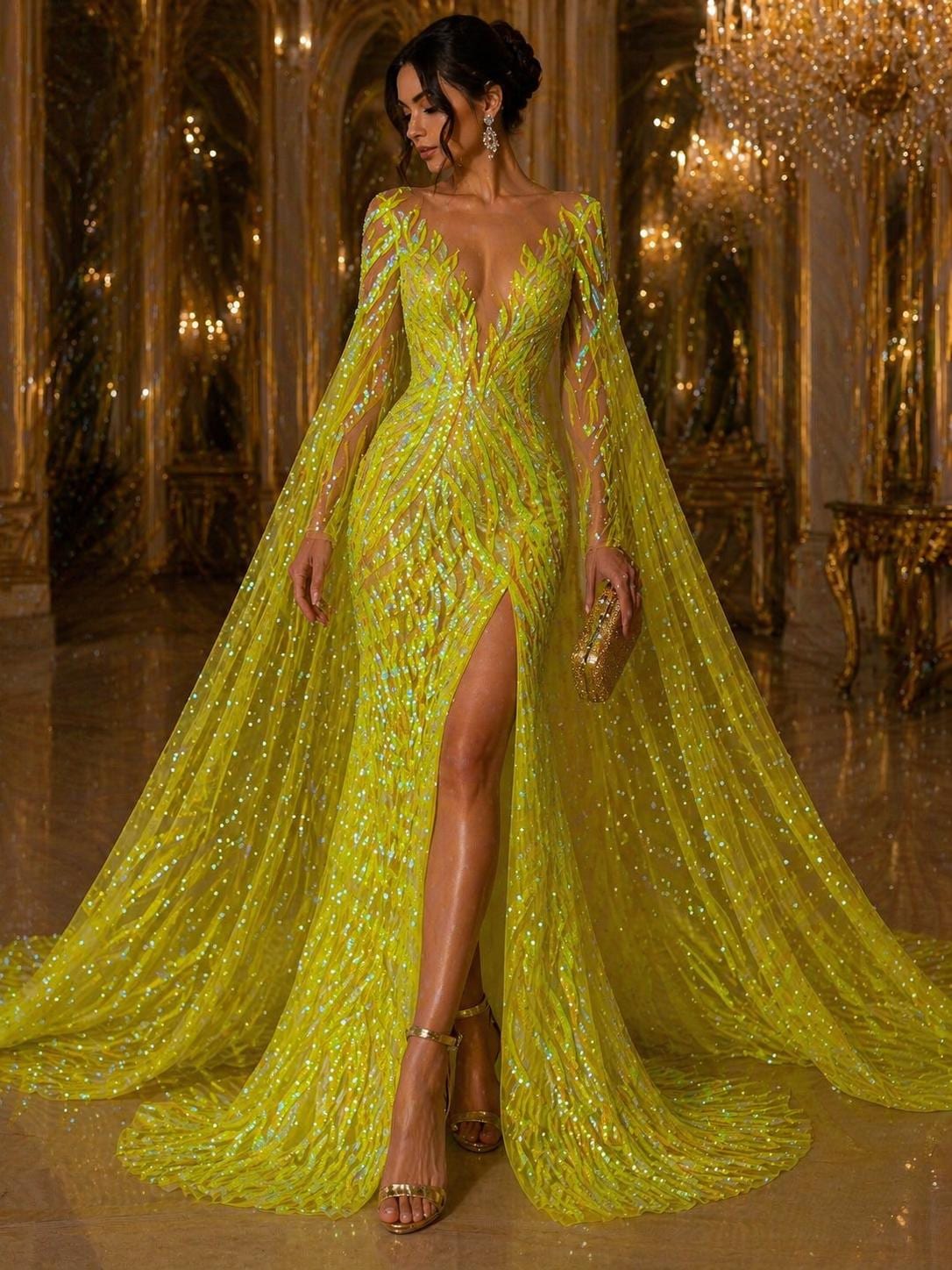 Feather Design Luxury Iridescent Shiny Sequin - NEON YELLOW - 4 Way Stretch Mesh Fabric – Prom & Evening Dress Material By The Yard.