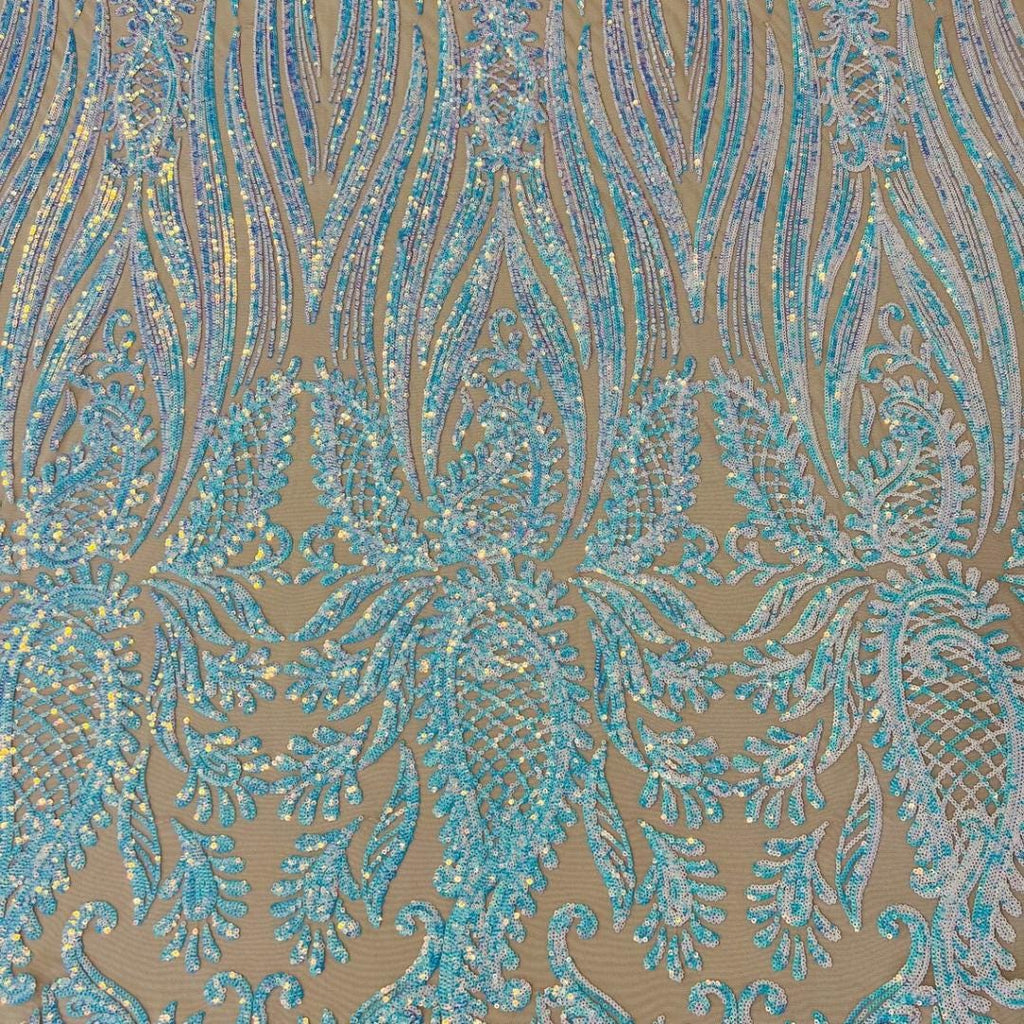 Feather Design Luxury Iridescent Shiny Sequin - AQUA - 4 Way Stretch Mesh Fabric – Prom & Evening Dress Material By The Yard.