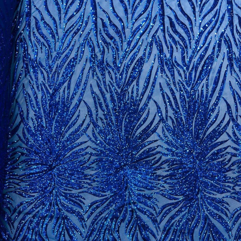 Feather Design Luxury Shiny Sequin - ROYAL - 4 Way Stretch Mesh Fabric – Prom & Evening Dress Material By The Yard.