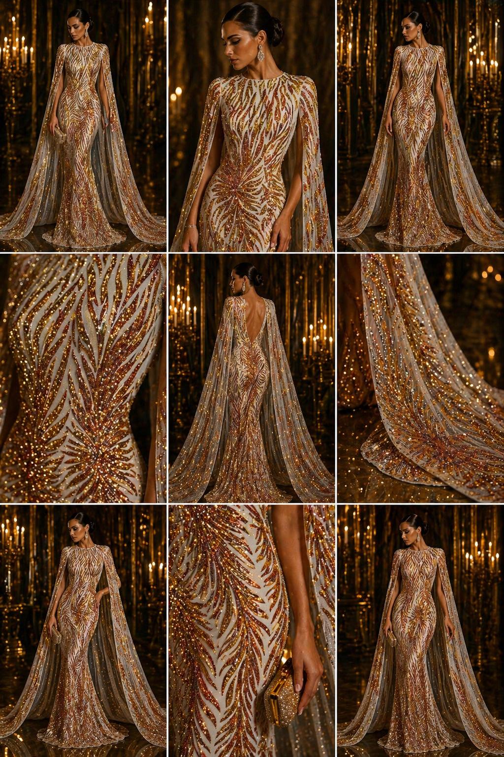 Feather Design Luxury Iridescent Shiny Sequin - ORANGE/NUDE 4 Way Stretch Mesh Fabric – Prom & Evening Dress Material By The Yard.
