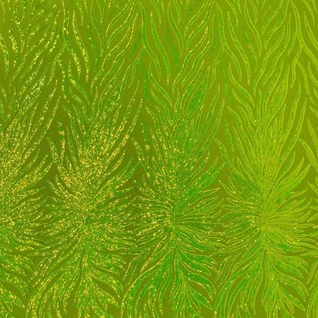 Feather Design Luxury Iridescent Shiny Sequin - NEON LIME - 4 Way Stretch Mesh Fabric – Prom & Evening Dress Material By The Yard.