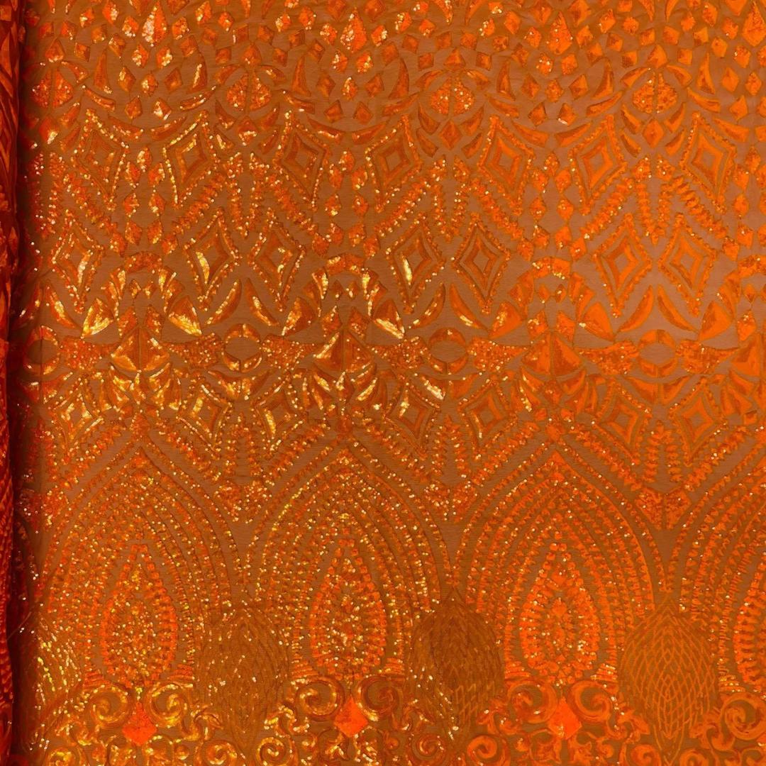 Geometric Design Luxury Iridescent Shiny Sequin - ORANGE - 4 Way Stretch Mesh Fabric – Prom & Evening Dress Material By The Yard.