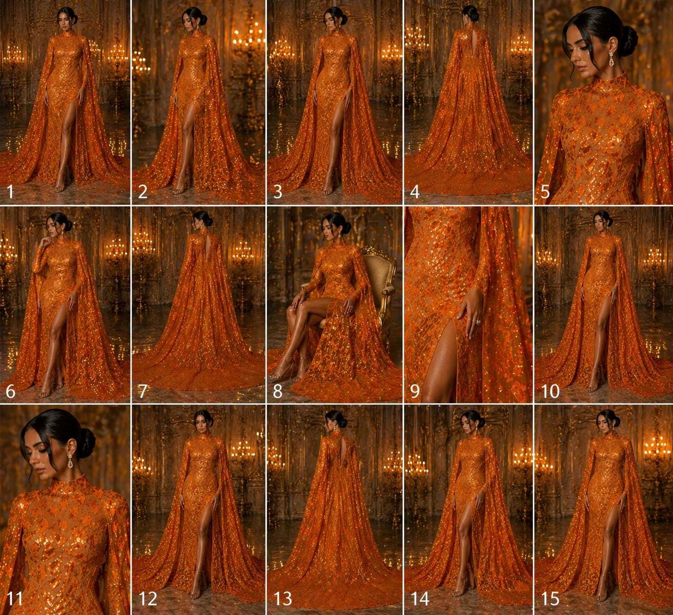Geometric Design Luxury Iridescent Shiny Sequin - ORANGE - 4 Way Stretch Mesh Fabric – Prom & Evening Dress Material By The Yard.