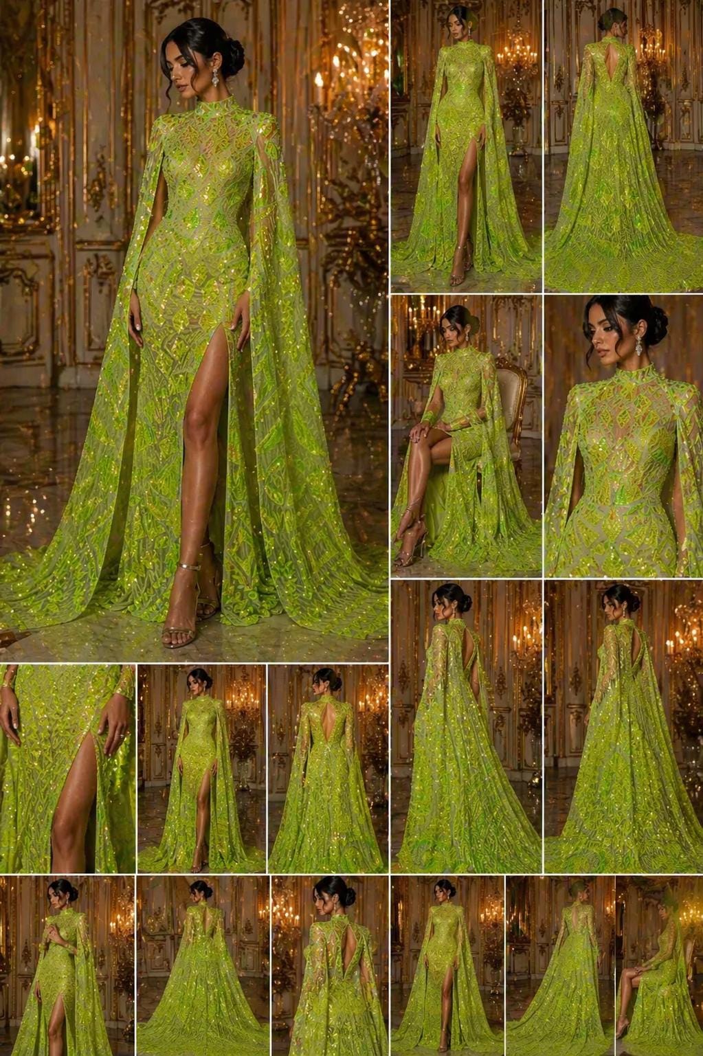 Geometric Design Luxury Iridescent Shiny Sequin - LIME - 4 Way Stretch Mesh Fabric – Prom & Evening Dress Material By The Yard.