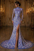 Geometric Design Luxury Iridescent Shiny Sequin - LAVENDER - 4 Way Stretch Mesh Fabric – Prom & Evening Dress Material By The Yard.