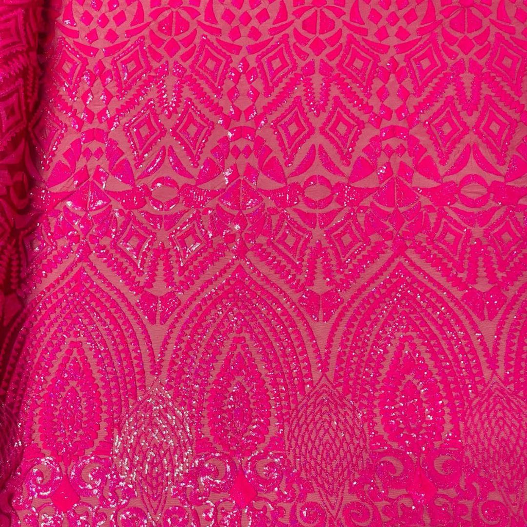Geometric Design Luxury Iridescent Shiny Sequin - HOT PINK - 4 Way Stretch Mesh Fabric – Prom & Evening Dress Material By The Yard.