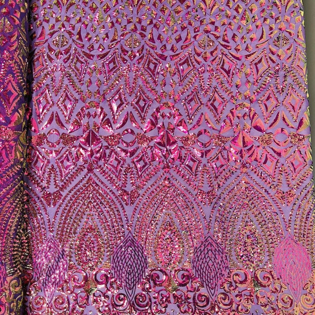 Geometric Design Luxury Iridescent Shiny Sequin - PURPLE - 4 Way Stretch Mesh Fabric – Prom & Evening Dress Material By The Yard.
