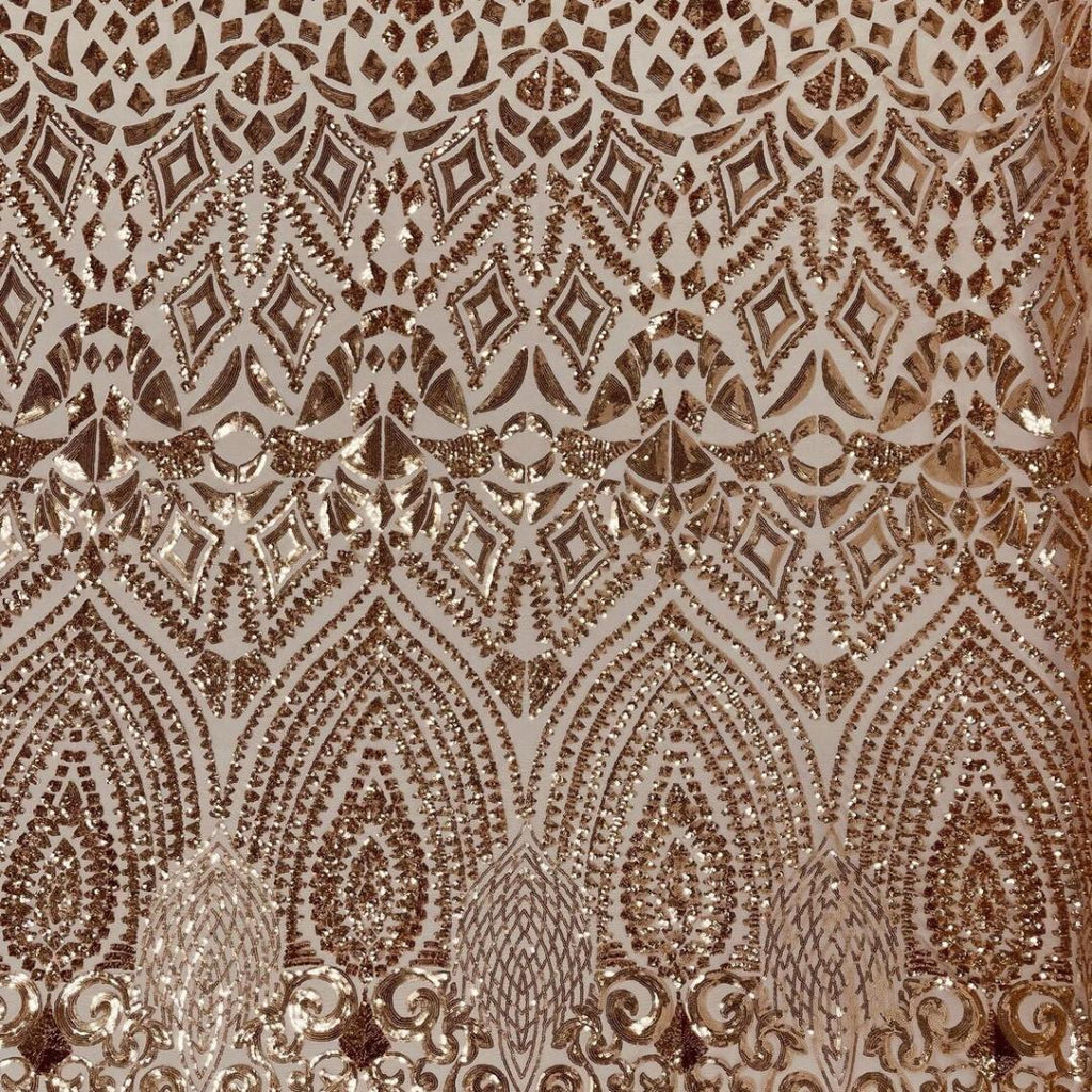 Geometric Design Luxury Shiny Sequin - ROSEGOLD - 4 Way Stretch Mesh Fabric – Prom & Evening Dress Material By The Yard.