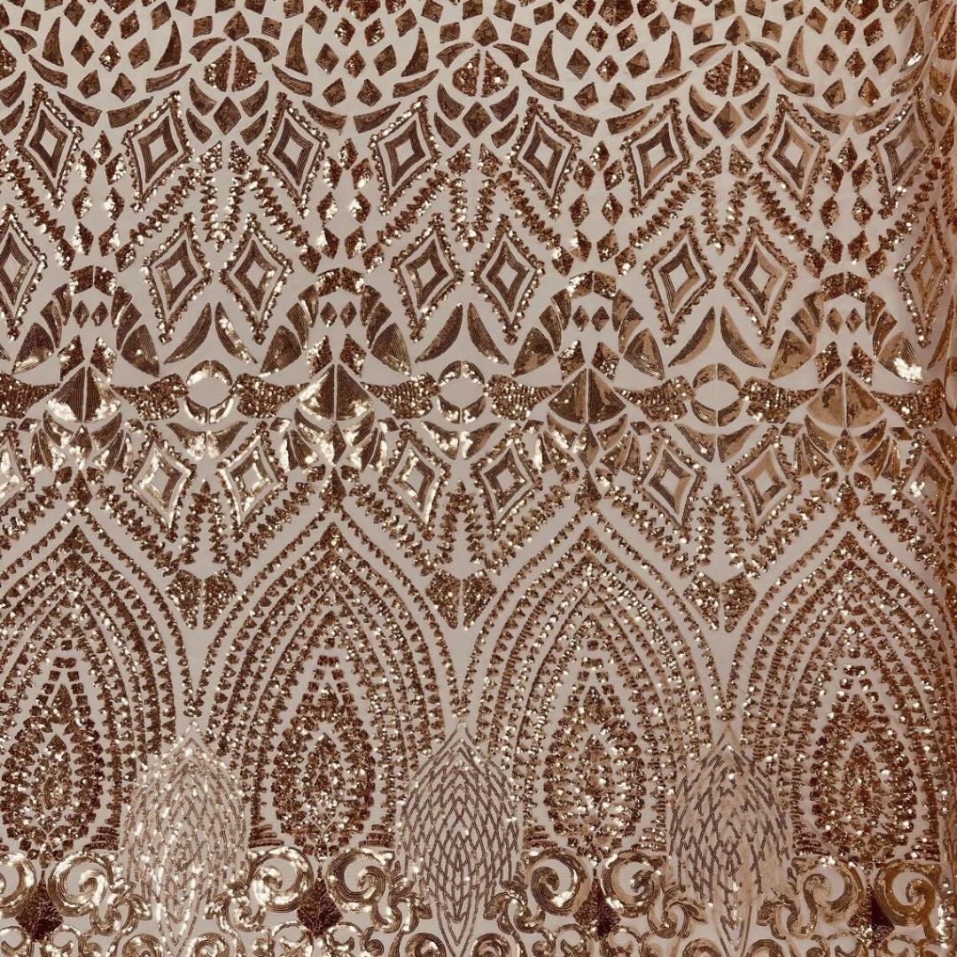 Geometric Design Luxury Shiny Sequin - ROSEGOLD - 4 Way Stretch Mesh Fabric – Prom & Evening Dress Material By The Yard.