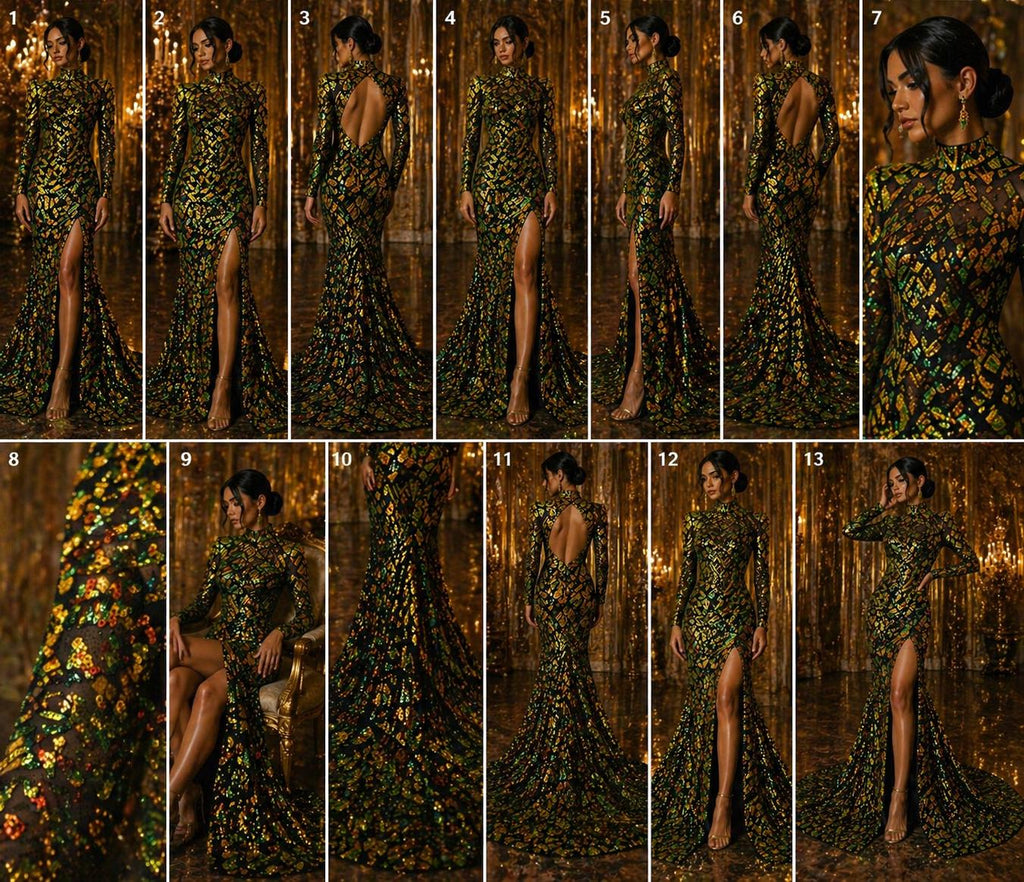 Geometric Design Luxury Iridescent Shiny Sequin - ORANGE/GREEN - 4 Way Stretch Mesh Fabric – Prom & Evening Dress Material By The Yard.