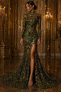 Geometric Design Luxury Iridescent Shiny Sequin - ORANGE/GREEN - 4 Way Stretch Mesh Fabric – Prom & Evening Dress Material By The Yard.