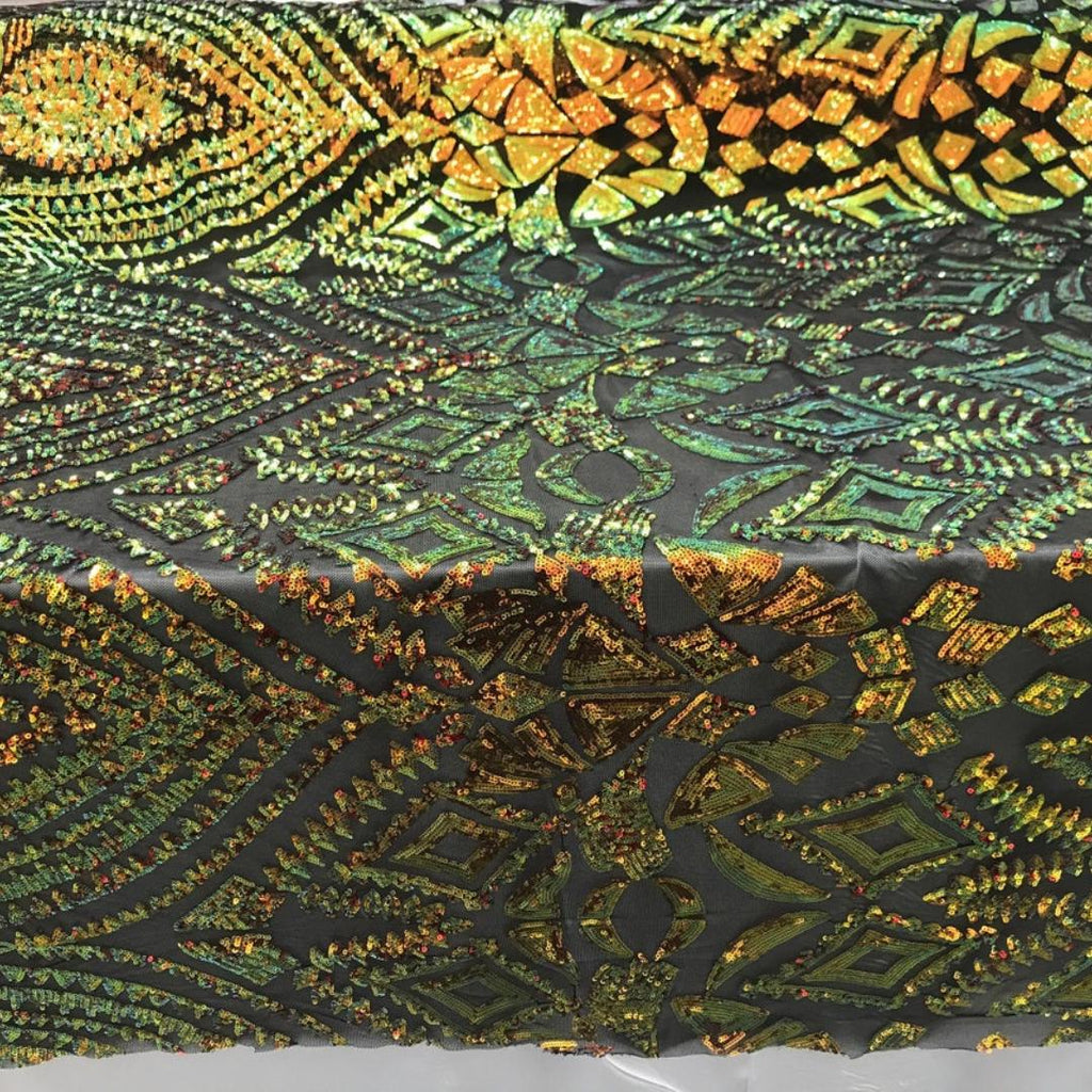 Geometric Design Luxury Iridescent Shiny Sequin - ORANGE/GREEN - 4 Way Stretch Mesh Fabric – Prom & Evening Dress Material By The Yard.