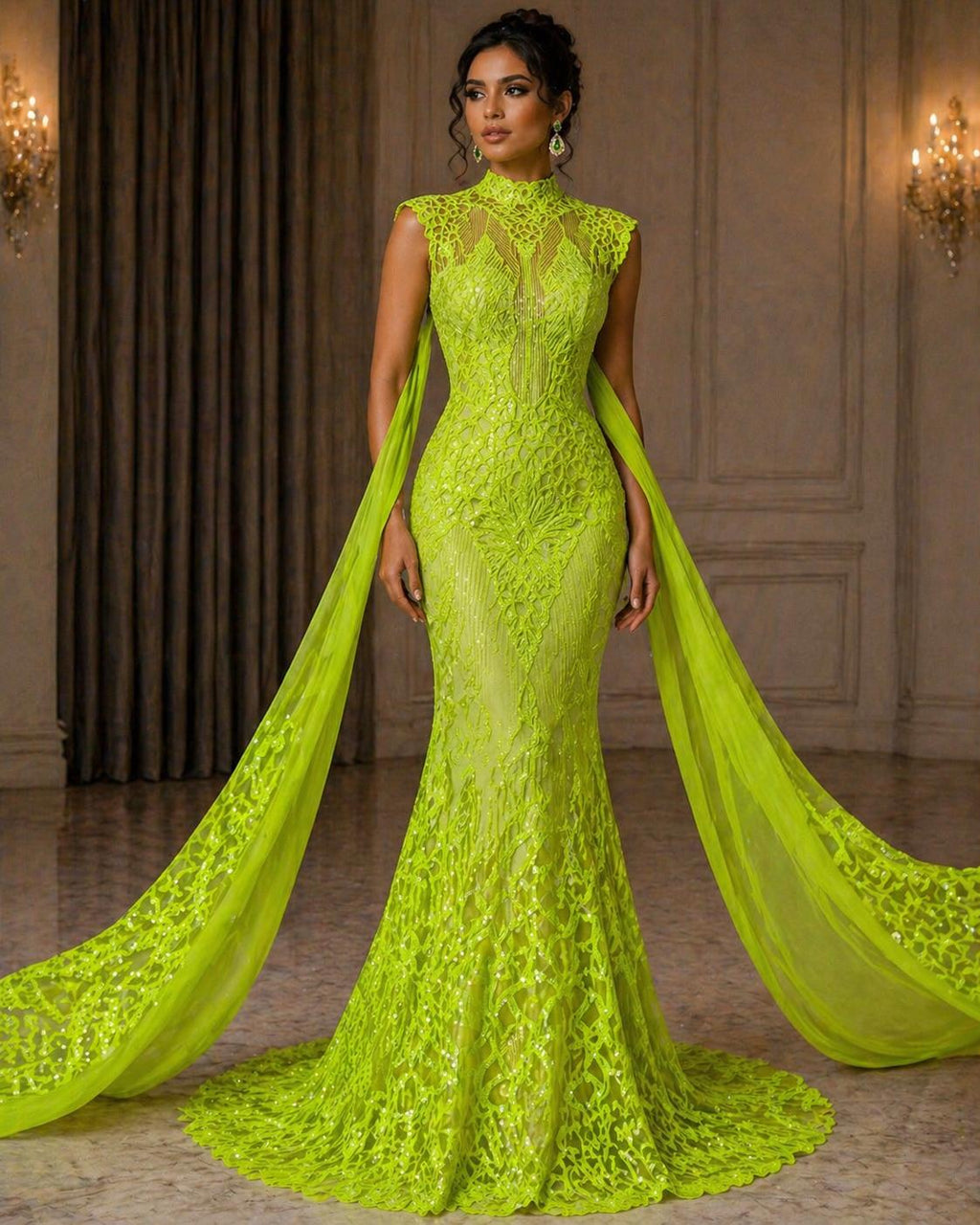 Glossy Design Luxury Shiny Sequin - NEON GREEN - 4 Way Stretch Mesh Fabric – Prom & Evening Dress Material By The Yard.