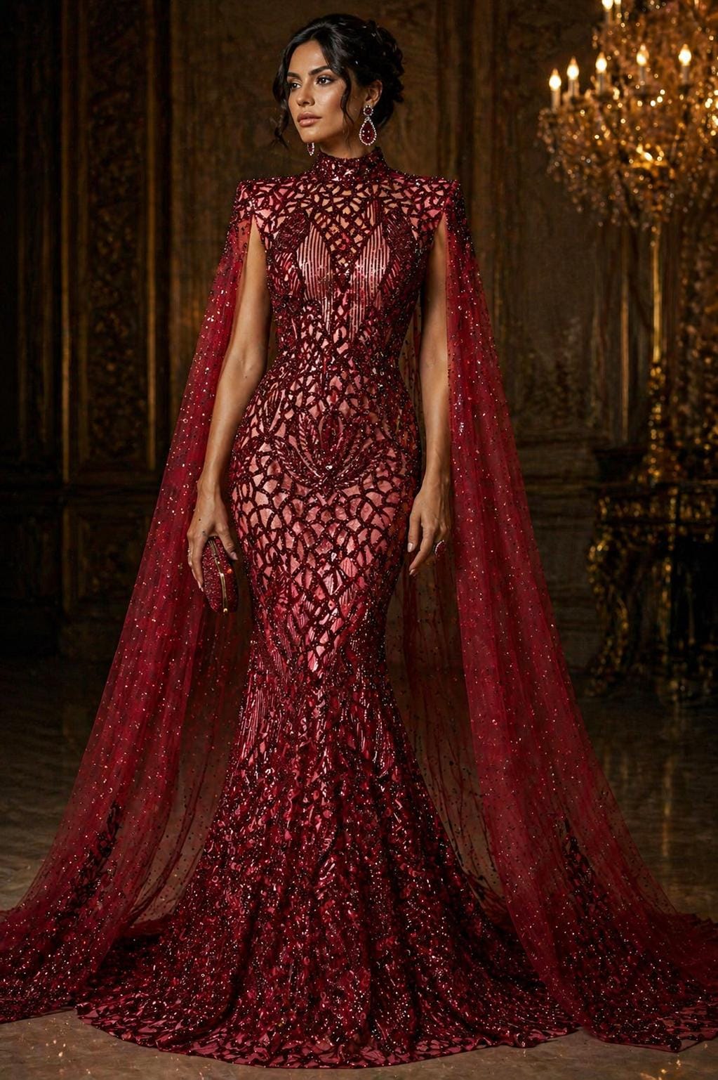 Glossy Design Luxury Shiny Sequin - BURGUNDY - 4 Way Stretch Mesh Fabric – Prom & Evening Dress Material By The Yard.