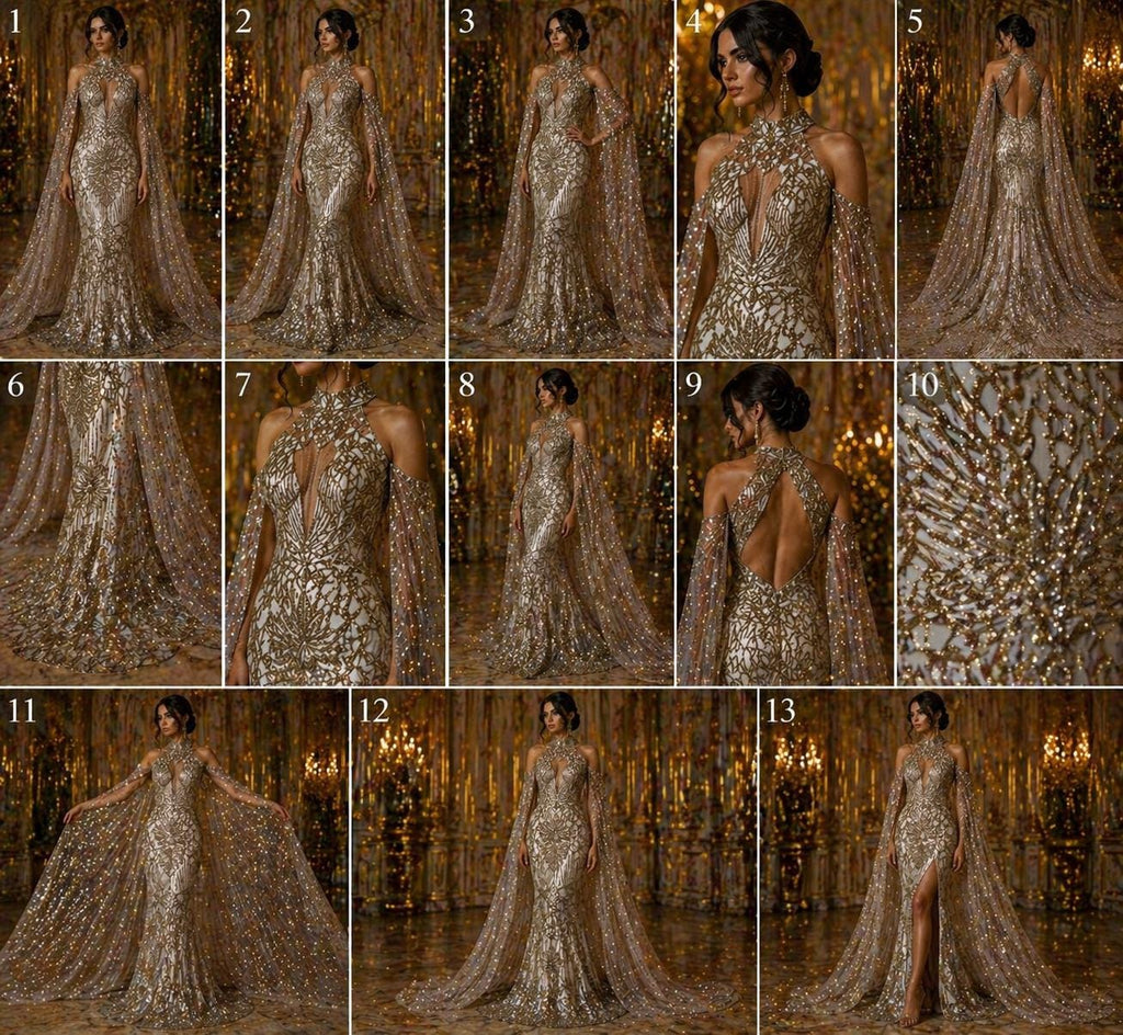 Glossy Design Luxury Shiny Sequin - GOLD - 4 Way Stretch Mesh Fabric – Prom & Evening Dress Material By The Yard.