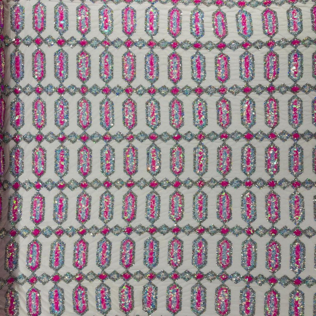 Jewel Design Iridescent Luxury Multi Color Sequin - CandyPink/Silver - 4 Way Stretch Mesh Fabric –Prom & Evening Dress Material By The Yard.