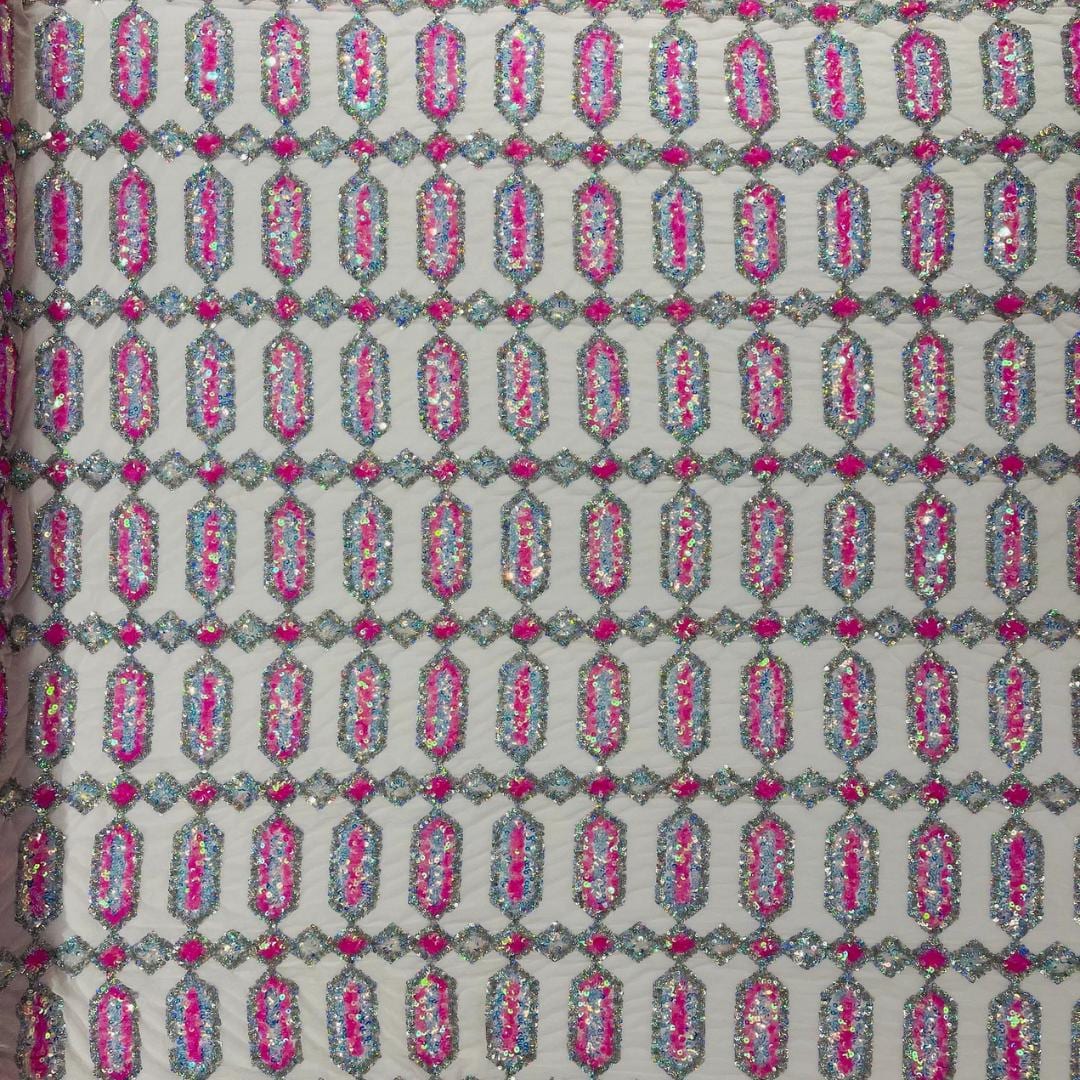 Jewel Design Iridescent Luxury Multi Color Sequin - CandyPink/Silver - 4 Way Stretch Mesh Fabric –Prom & Evening Dress Material By The Yard.