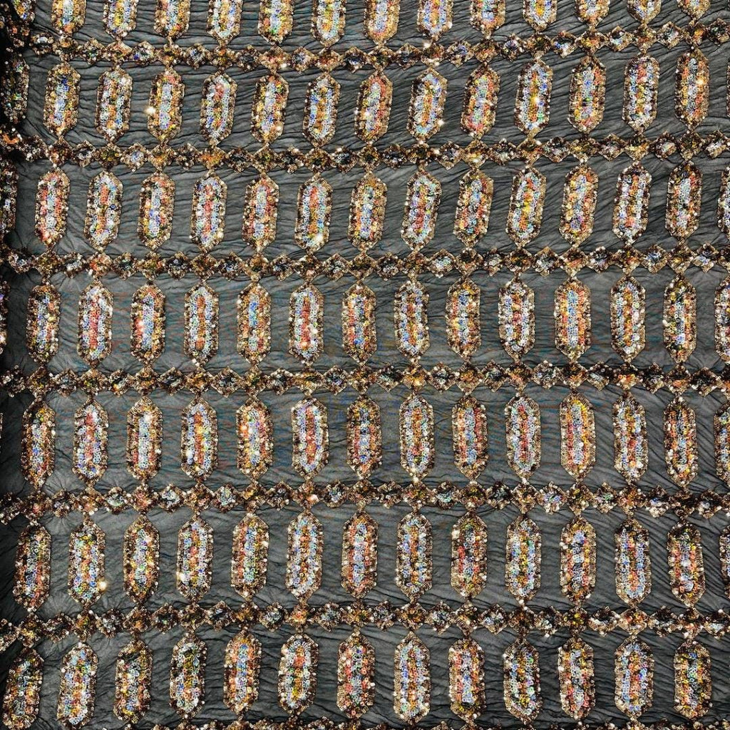 Jewel Design Iridescent Luxury Multi Color Sequin - Gold/Silver -  4 Way Stretch Mesh Fabric – Prom & Evening Dress Material By The Yard.