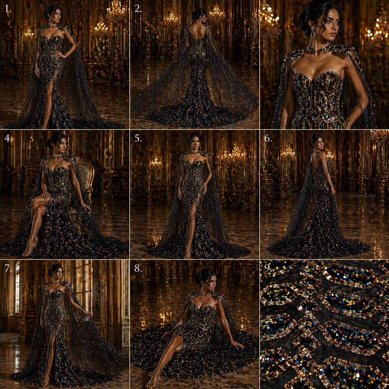Jewel Design Iridescent Luxury Multi Color Sequin - Gold/Black -  4 Way Stretch Mesh Fabric – Prom & Evening Dress Material By The Yard.