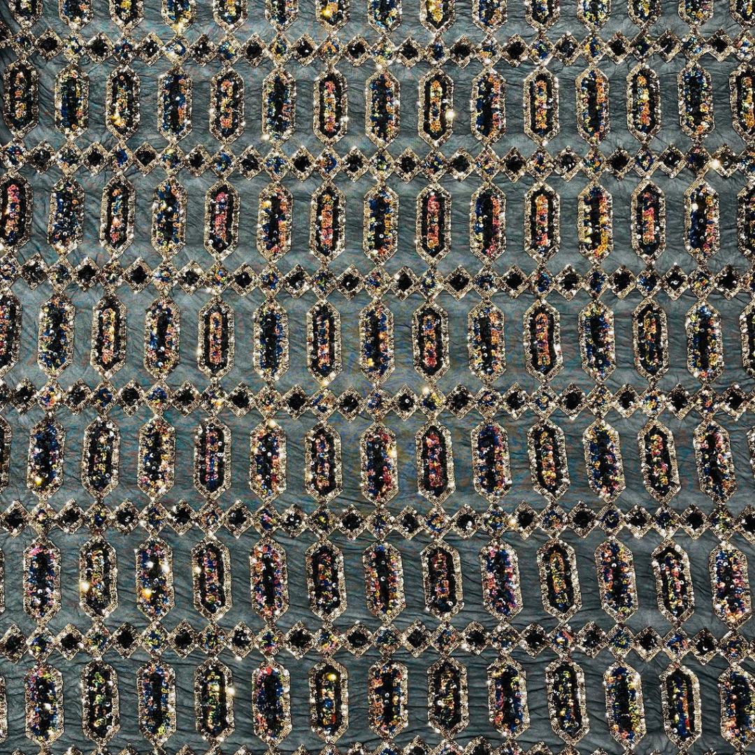 Jewel Design Iridescent Luxury Multi Color Sequin - Gold/Black -  4 Way Stretch Mesh Fabric – Prom & Evening Dress Material By The Yard.