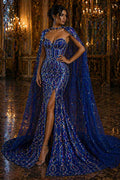 Jewel Design Iridescent Luxury Multi Color Sequin - Royal/Silver -  4 Way Stretch Mesh Fabric – Prom & Evening Dress Material By The Yard.