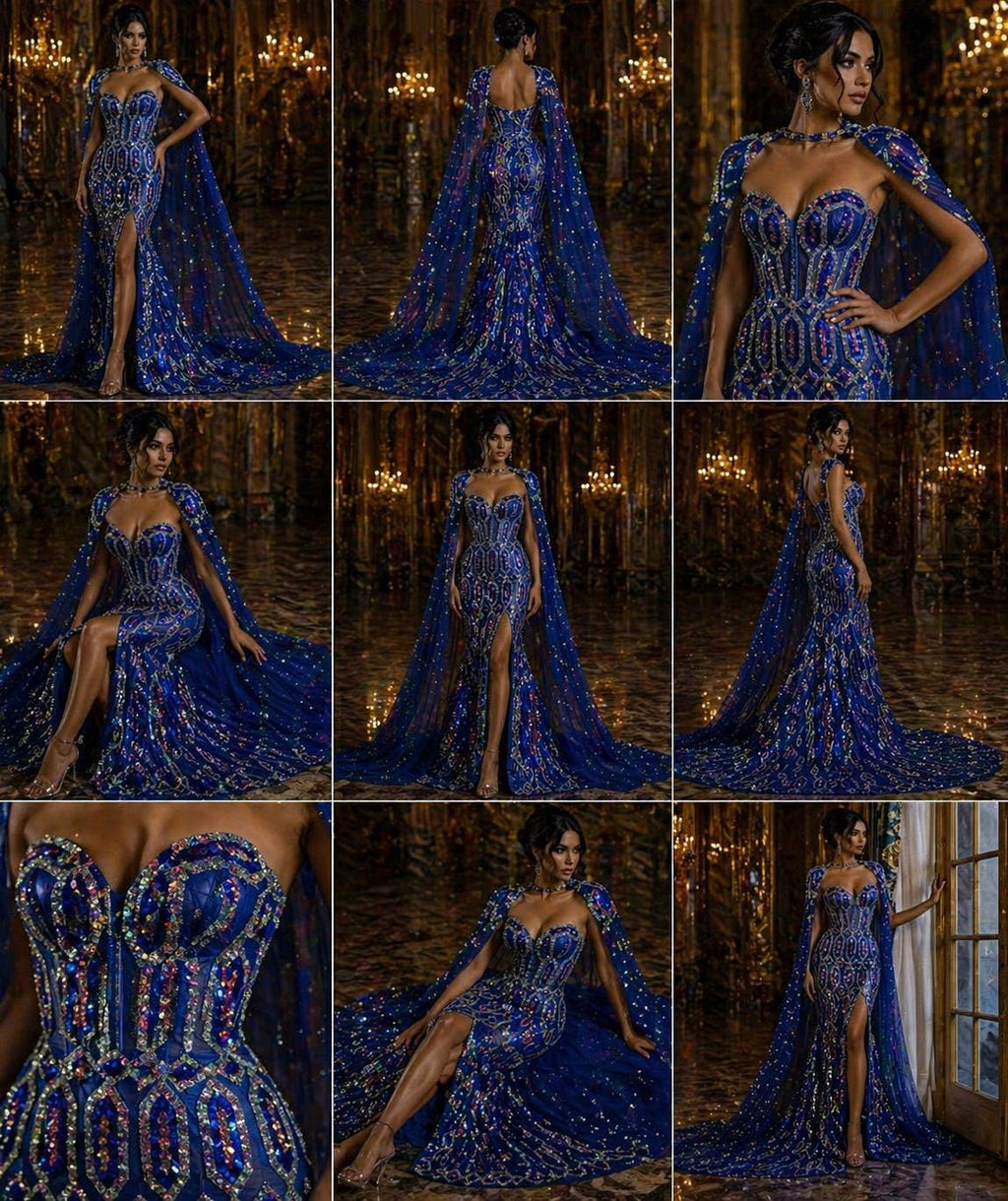 Jewel Design Iridescent Luxury Multi Color Sequin - Royal/Silver -  4 Way Stretch Mesh Fabric – Prom & Evening Dress Material By The Yard.