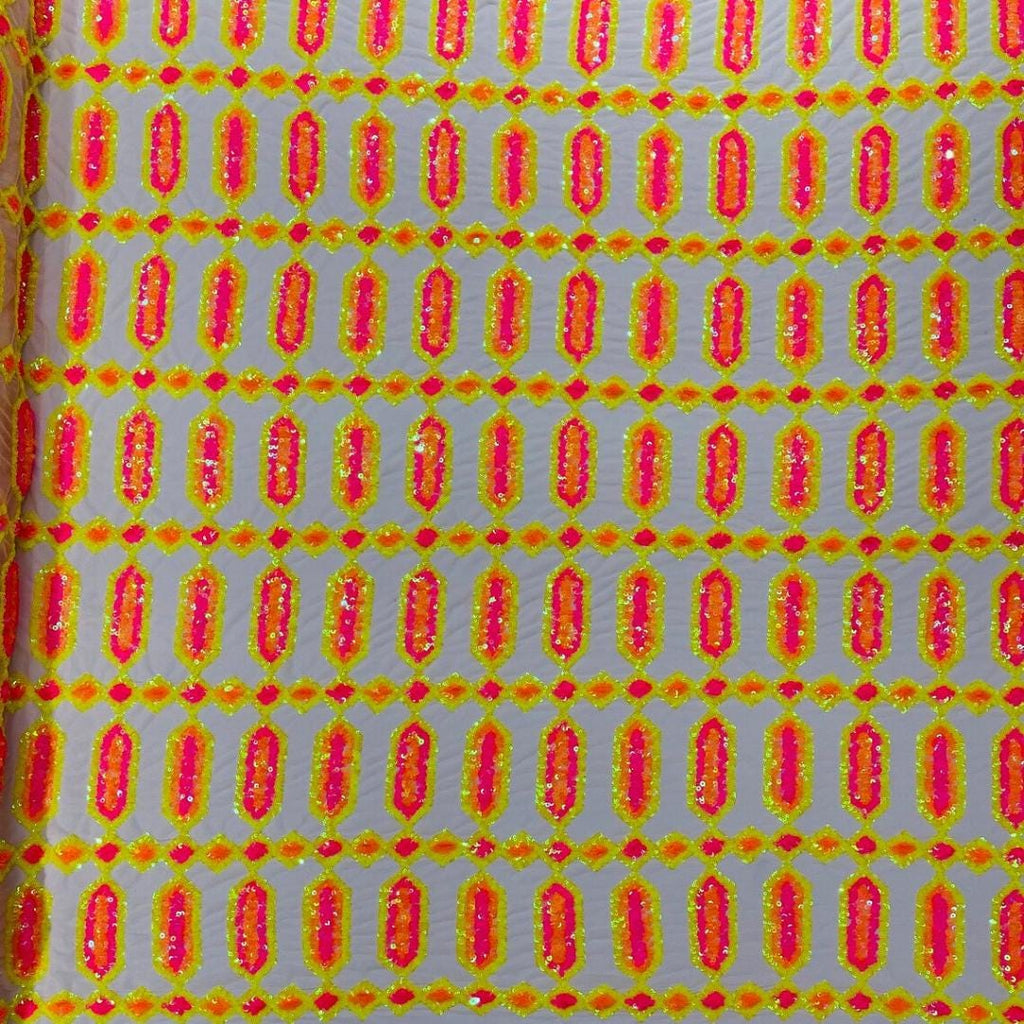 Jewel Design Iridescent Luxury Multi Color Sequin - NeonYellow/Pink - 4 Way Stretch Mesh Fabric – Prom & Evening Dress Material By The Yard.