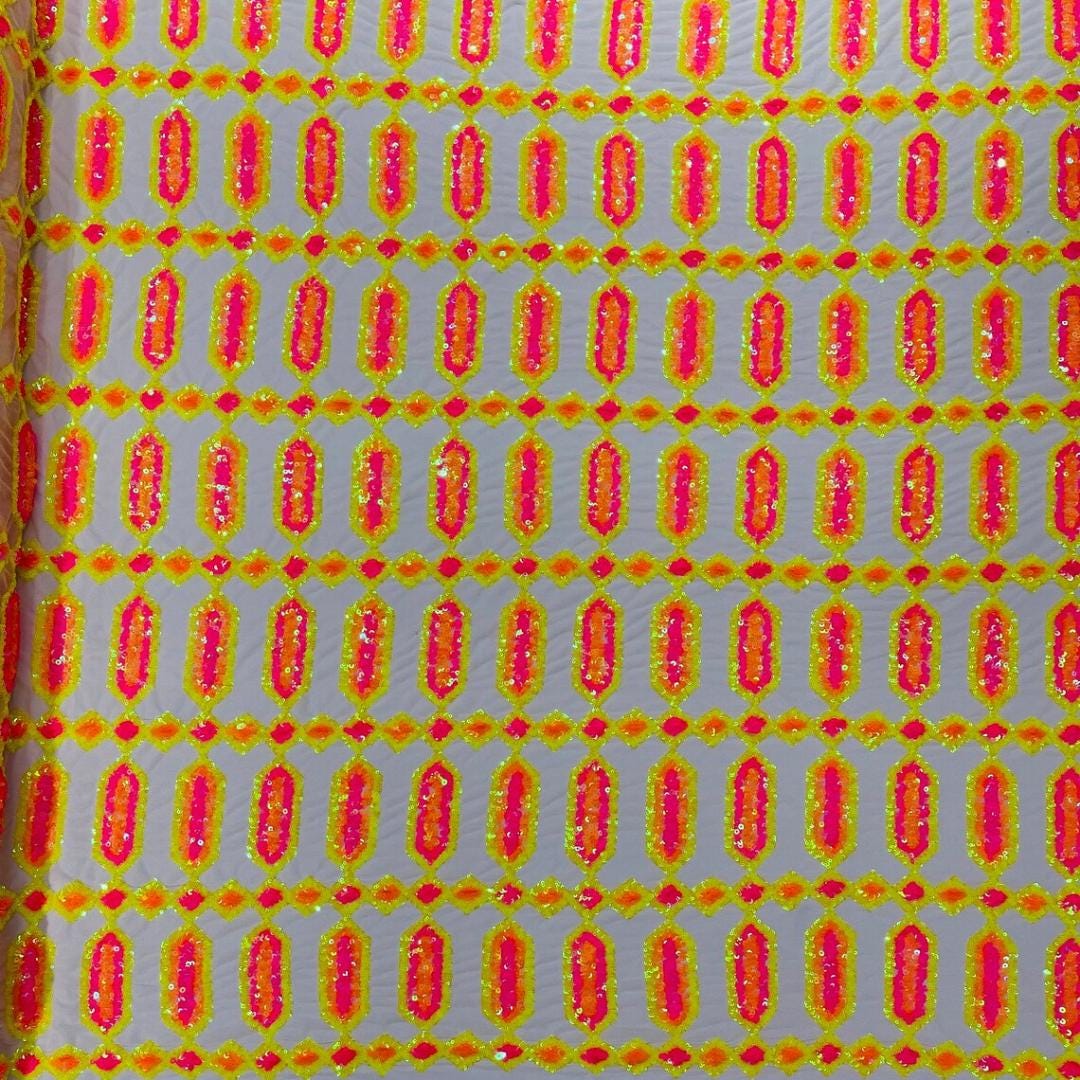 Jewel Design Iridescent Luxury Multi Color Sequin - NeonYellow/Pink - 4 Way Stretch Mesh Fabric – Prom & Evening Dress Material By The Yard.