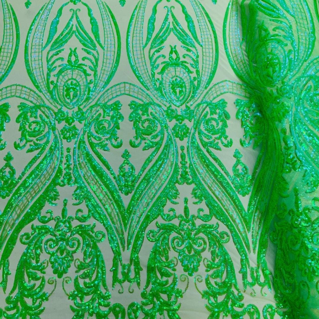 Neon Lime - Marvelous Luxury Shiny Sequin 4-Way Stretch Mesh Fabric – Prom & Evening Dress Material By The Yard.