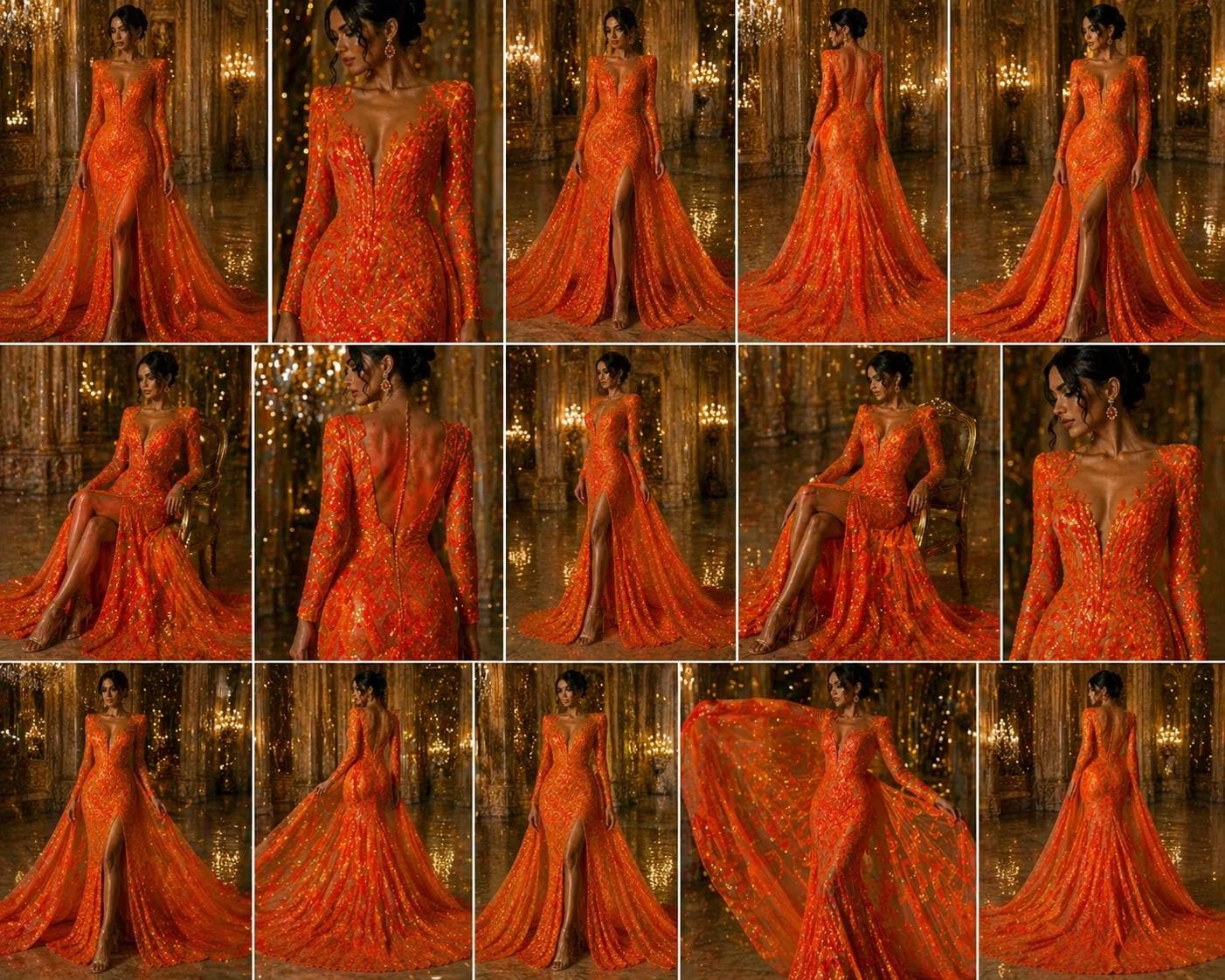 Bright Orange Iridescent - Marvelous Luxury Shiny Sequin 4-Way Stretch Orange Mesh Fabric – Prom & Evening Dress Material By The Yard.
