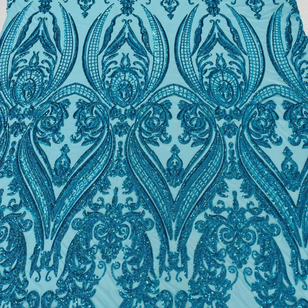 Turquoise - Marvelous Luxury Shiny Sequin 4-Way Stretch Mesh Fabric – Prom & Evening Dress Material By The Yard.