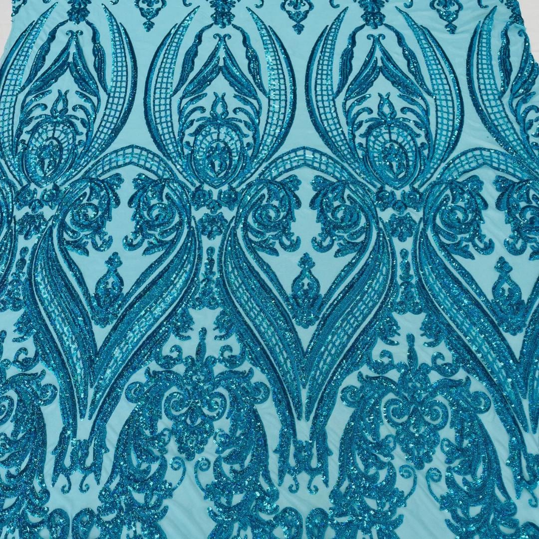 Turquoise - Marvelous Luxury Shiny Sequin 4-Way Stretch Mesh Fabric – Prom & Evening Dress Material By The Yard.