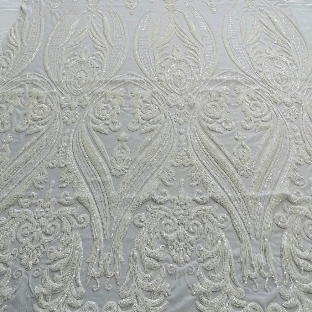 White - Marvelous Luxury Shiny Sequin 4-Way Stretch Mesh Fabric – Prom & Evening Dress Material By The Yard.