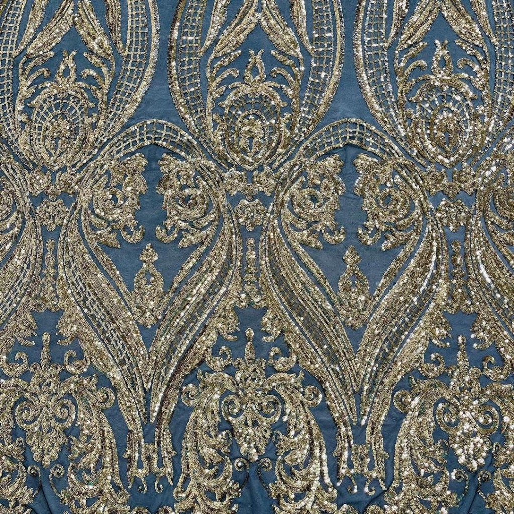 Gold/Black - Marvelous Luxury Shiny Sequin 4-Way Stretch Mesh Fabric – Prom & Evening Dress Material By The Yard.