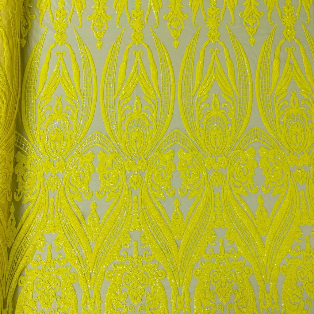 Yellow - Marvelous Luxury Shiny Sequin 4-Way Stretch Mesh Fabric – Prom & Evening Dress Material By The Yard.