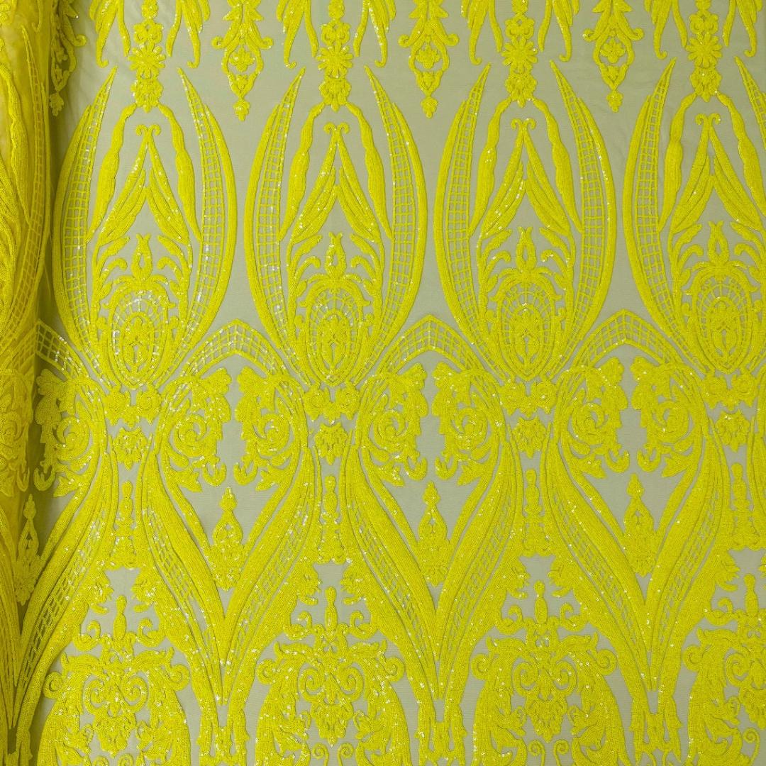 Yellow - Marvelous Luxury Shiny Sequin 4-Way Stretch Mesh Fabric – Prom & Evening Dress Material By The Yard.