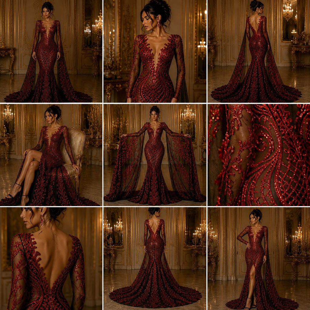 Red/Black - Marvelous Luxury Shiny Sequin 4-Way Stretch Mesh Fabric – Prom & Evening Dress Material By The Yard.