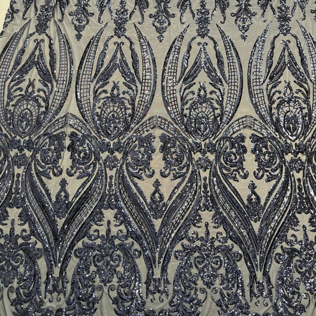 Navy Blue - Marvelous Luxury Shiny Sequin 4-Way Stretch Mesh Fabric – Prom & Evening Dress Material By The Yard.