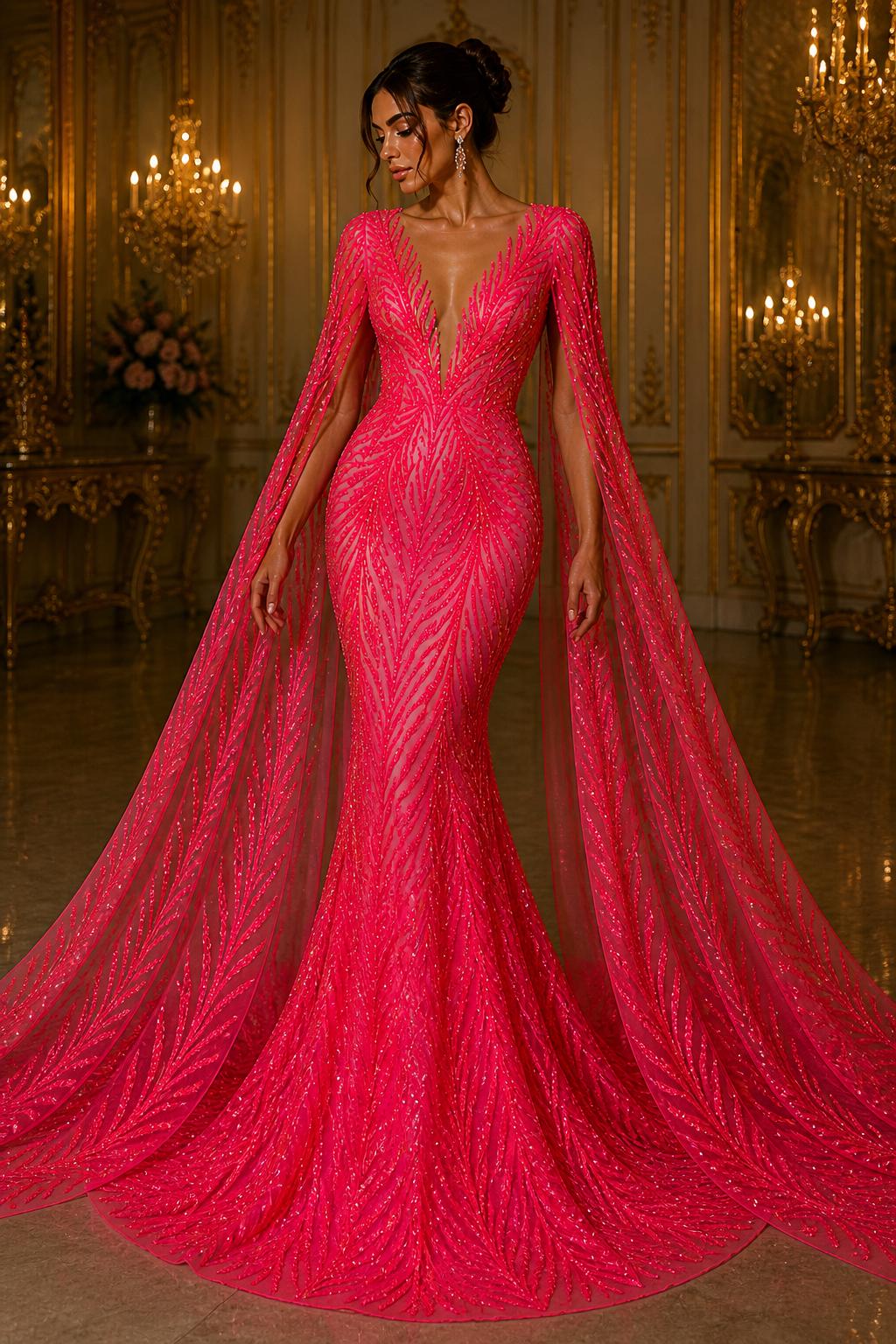 Feather Illusion Iridescent Luxury Shiny Sequin - HOT PINK - 4 Way Stretch Mesh Fabric – Prom & Evening Dress Material By The Yard.