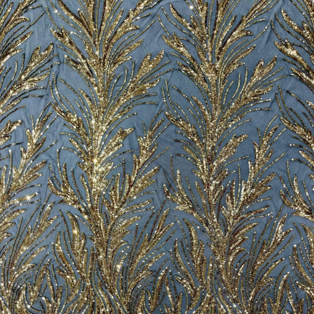 Feather Illusion Luxury Shiny Sequin - GOLD/BLACK - 4 Way Stretch Mesh Fabric – Prom & Evening Dress Material By The Yard.