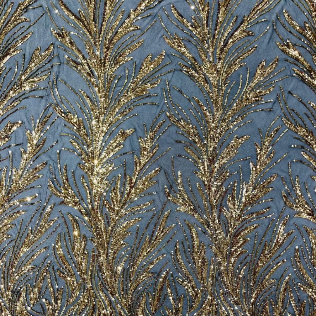 Feather Illusion Luxury Shiny Sequin - GOLD/BLACK - 4 Way Stretch Mesh Fabric – Prom & Evening Dress Material By The Yard.
