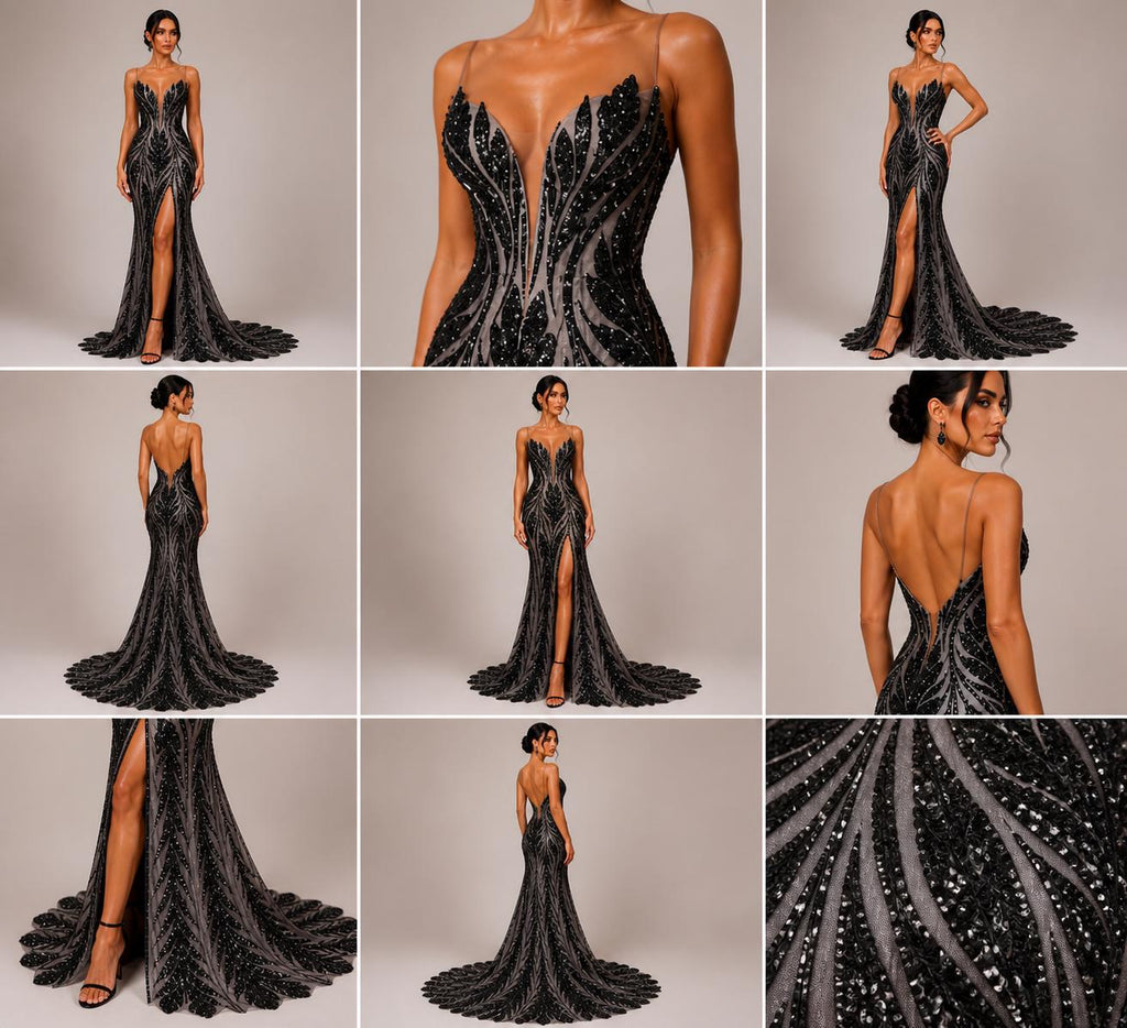 Black Sapphire Sequin Embroidered Mesh Fabric – Luxury Blue Lace by the Yard – Couture Evening Dress, Prom & Bridal Fabric
